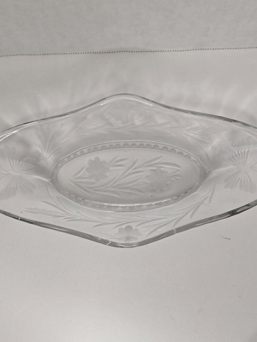 Vintage Clear Etched Glass Celery Boat Flowers Butterflies Waved Rim Bunting